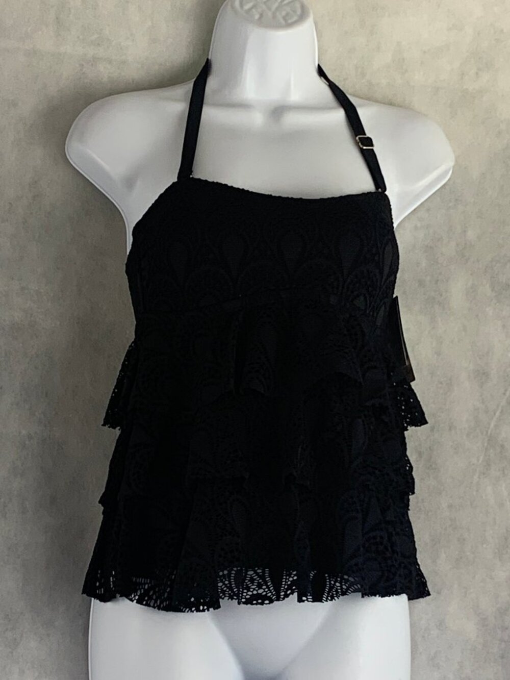 Island Escape Women's Tiered Crochet Bandeau Tankini Swim Top, Black, Size 6